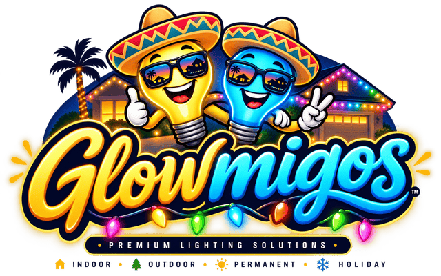 Glowmigos — two smiling lightbulb characters in sombreros and sunglasses standing in front of a brightly lit home.